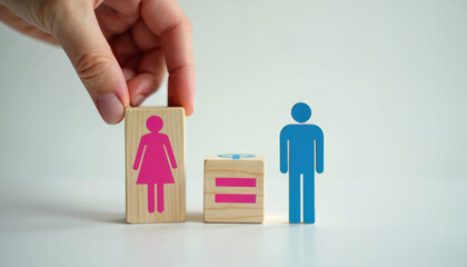 Hand places wooden block with female symbol next to equal sign and male figure. Represents gender parity, equal rights, and change in society.
