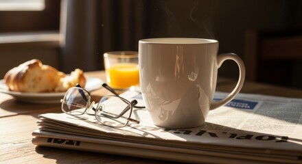 Breakfast Still Life Coffee Croissant Newspaper and Orange Juice Morning Routine