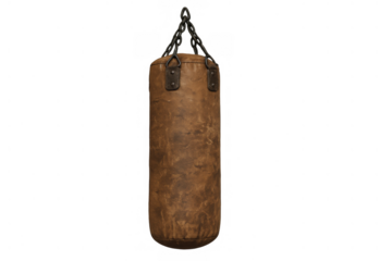 Vintage leather punching bag for boxing and fitness training, hanging heavy bag for combat sports workout, transparent background