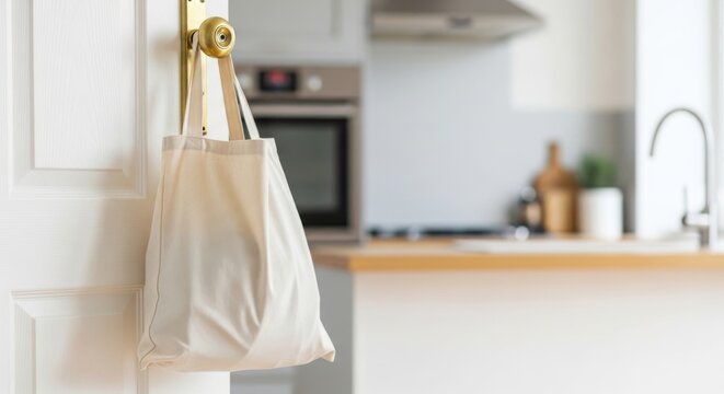 Canvas Tote Bag Hanging on Door in Kitchen Eco Friendly Shopping