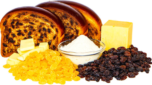 Sliced raisin bread and baking ingredients like flour, butter, and raisins, isolated on a white background.