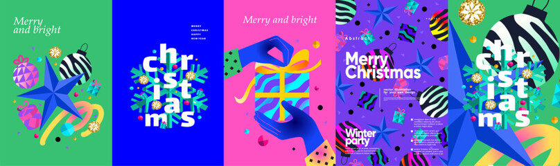 Modern Christmas posters with 3d geometric shapes, pattern, ornament and bold typography. Abstract festive background for holiday corporate greeting card, party invite or winter sale promotions.
