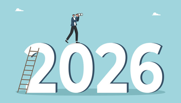 Leadership in setting plan or course for business development in 2026, motivation in achieving goals, determination for great success or heights, man looking through binoculars and stands on 2026.