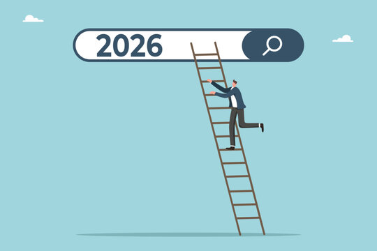 Analysis and planning of future projects in coming year, development of strategies for achieving high results, construction of course of business development, man goes up to search bar from 2026.