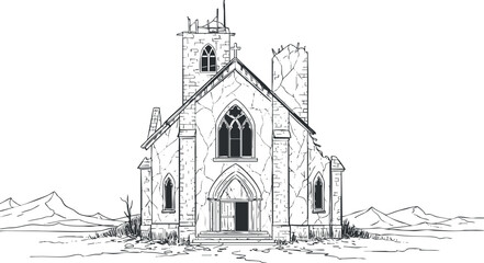 Fototapeta premium Detailed outline vector illustration of a gothic church surrounded by a rural landscape, suitable for architectural design and cultural projects
