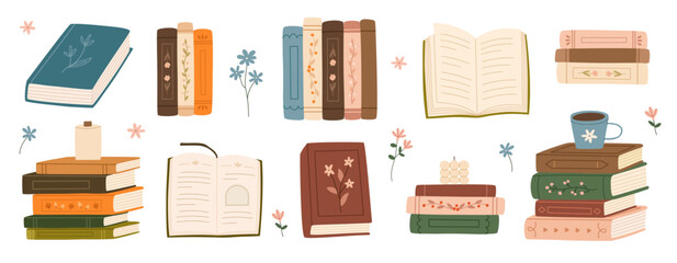 Set of books piles with flowers. Romantic literature poetry, romance novels. Flat vector illustrations.