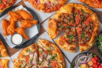 Assorted pizzas and buffalo wings with salads and dipping sauces