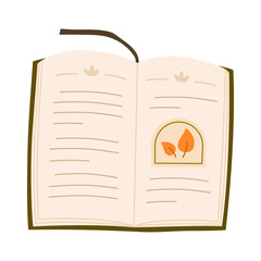 Open book in autumn vibe with leaves. Hand drawn cute cozy fall vector illustration.