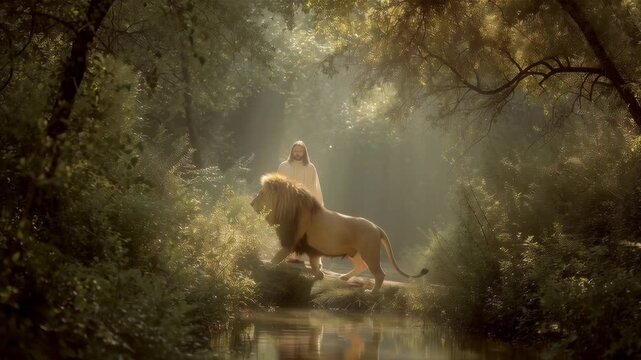 Jesus stands peacefully with a lion by a serene river in a sunlit forest