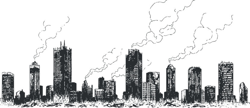 Detailed black and white vector illustration of an urban skyline featuring skyscrapers and clouds, perfect for design projects.