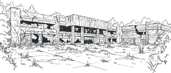 Fototapeta premium Detailed line art illustration of an abandoned building showcasing urban decay and overgrowth in a natural landscape