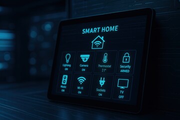 A modern smart home hub interface displayed on a tablet, showcasing various controls for home automation features like lighting, security, and temperature. neutral background, clear negative space