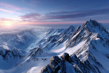 Snowy Mountain Peaks at Sunset with Pink Clouds