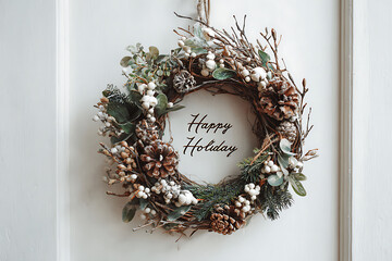 Festive holiday wreath with pine cones, berries, and greenery hanging on a white door, creating a warm and inviting atmosphere