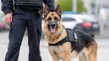 German shepherd dog stands proudly beside a police officer in tactical uniform, showcasing teamwork and dedication in law enforcement, highlighting the bond between canine and handler