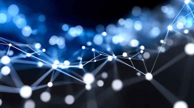 Abstract digital network illustration featuring interconnected nodes and glowing lines in blue tones, representing technology and communication in a modern, futuristic context