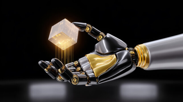 Robotic hand holding a glowing cube, showcasing advanced technology and innovation, with sleek metallic design elements and a futuristic ambiance in a dark environment