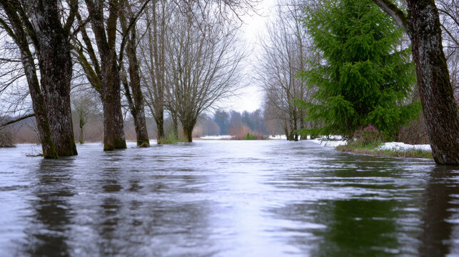 Flooded landscape with trees partially submerged in water, creating a serene yet dramatic scene of nature's power and beauty during a rainy season