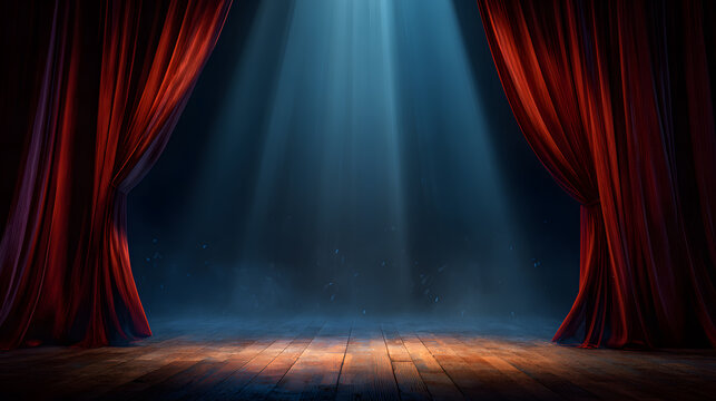 Mysterious Spotlight on a Theater Stage: A dramatic theater stage is illuminated by a captivating spotlight that draws the eye toward the stage.