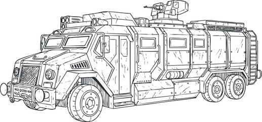 Fototapeta premium Detailed outline vector illustration of an armored military transport vehicle for defense and security applications