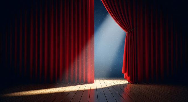 Stage Presence: A dramatic stage with a spotlight beaming onto the empty space and with a classic red curtain, ready to commence the show.