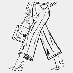 Hand drawn stylish woman walking in pleated wide-leg pants, high heels, and clutch bag. Vector sketch illustration in vintage crayon charcoal style. Fashion look, women's day