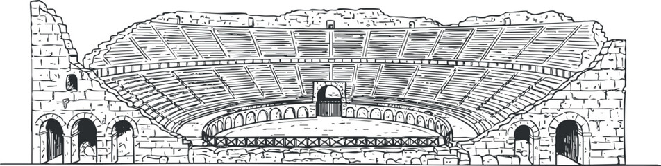 Detailed vector illustration of an ancient amphitheater interior, showcasing architectural design and historical significance.