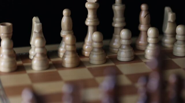 Rotating chessboard with strategically placed pieces in motion, depicting the eternal struggle between black and white factions in cerebral gameplay.