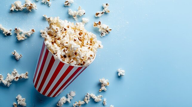 Red and white striped popcorn box filled with popcorn on blue background  