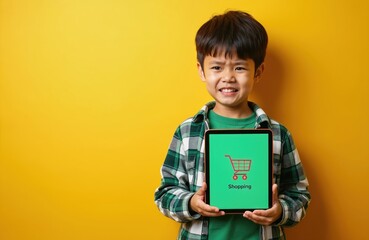 Young Asian boy holds tablet with shopping cart icon. Looks upset, frowns at green screen. Kid sad, frustrated with online shopping app. Child feels disappointed, unhappy with tech gadget, online