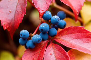 Wild grapevine (Parthenocissus quinquefolia) with blue berries among red autumn leaves, covered with morning dew, macro botanical photography, ultra-realistic detail, natural light, high resolution