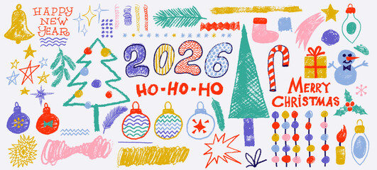 Colourful charcoal drawings in a children's style for the New Year holidays. Hand drawn doodle pencil drawn element for holidays 2026 and Merry Christmas. Vector Happy New Year 2026. Charcoal drawings