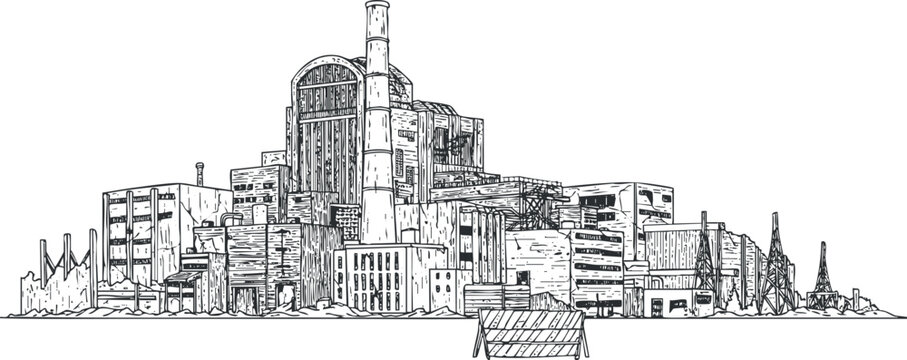 Detailed monochrome vector illustration of a complex urban cityscape with various architectural styles and structures