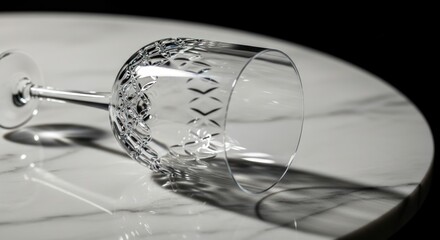 Elegant crystal wine glass on reflective surface with shadows and light play