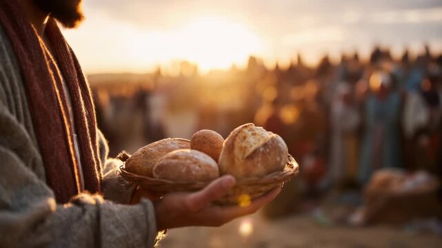 Jesus shares bread at a gathering while the sun sets over a large crowd during a moment of connection and community