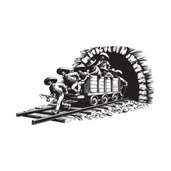 Western Miners in Underground Tunnel – Vintage Black and White Engraving