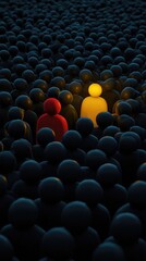 Obraz premium Standing Out in the Crowd: Unique Red and Yellow Figures Amidst Dark Masses
