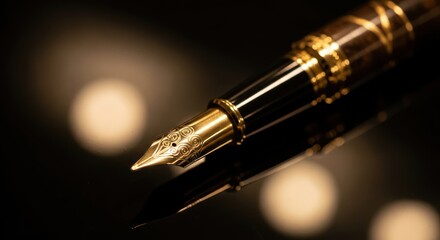 Close up of a luxurious fountain pen with a gold nib on a dark reflective surface