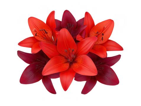 Red lily flower bouquet, vibrant orange and deep burgundy petals, isolated on transparency background, natural floral arrangement, elegant and fresh, perfect for decoration or greeting card - Powered by Adobe