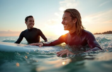 Two happy young male surfers in wetsuits sit on surfboards in ocean water. Smile, enjoy warm golden sunset light. Friends paddle, wait for waves. Sea extreme sport activity, summer vacation fun,
