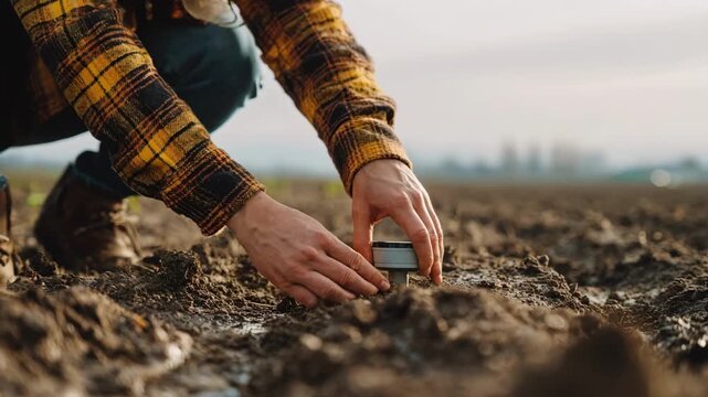 Medium shot of a farmer installing soil moisture sensors in a field capturing precise data to optimize irrigation and boost crop health.