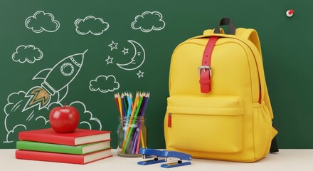 Back to School Essentials: A vibrant yellow backpack stands alongside essential school supplies, including books, pencils, and an apple, set against a backdrop of a whimsical chalkboard drawing. 