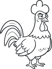 Cartoon outline illustration of a rooster character with a playful expression, perfect for farm-themed designs and children's media