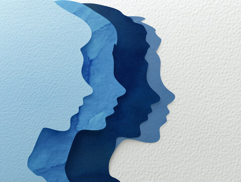 Layered human profiles in a paper cut style, with the inner silhouette filled with blue watercolor texture. The minimalist composition symbolizes psychology, inner world and self-awareness