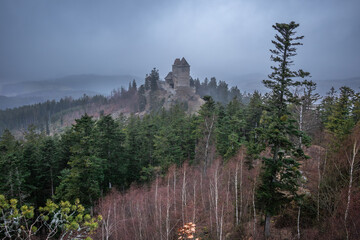 Ka&scaron;perk Castle in the &Scaron;umava Mountains, Czech Republic, Surrounded by Dense Forest and Misty Hills. Atmospheric Medieval Fortress Landscape in Moody Weather.