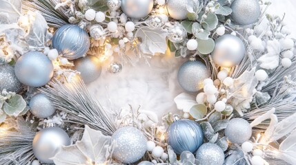 Fototapeta premium Elegant Christmas wreath adorned with blue ornaments and frosted greenery, featuring copy space