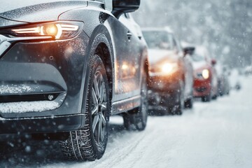Cars in winter snow line up on icy road with glowing headlights and snowflakes