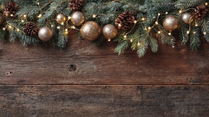 Festive Christmas garland with pine cones, ornaments and warm lights on rustic wooden background