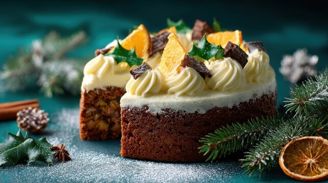 Chocolate cake with cream frosting and festive garnish for Christmas celebration and holiday dessert - Powered by Adobe