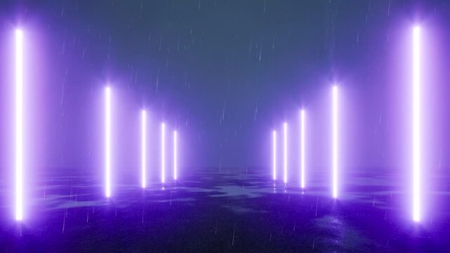 purple blue neon lights road rain puddles